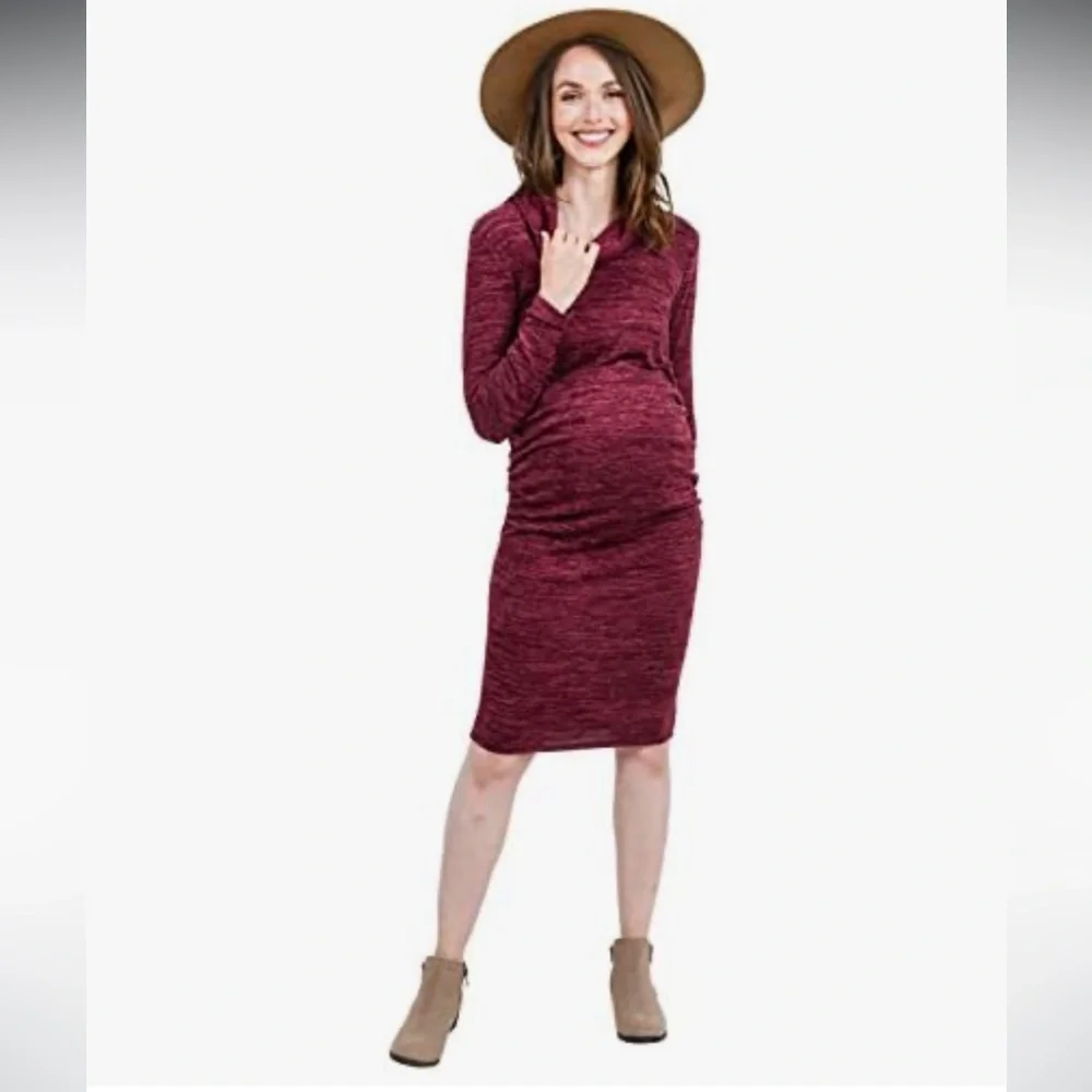HELLO MIZ Women's Sweater Knit Maternity Dress Cowl Neck Long Sleeve Burgundy L - Picture 2 of 12